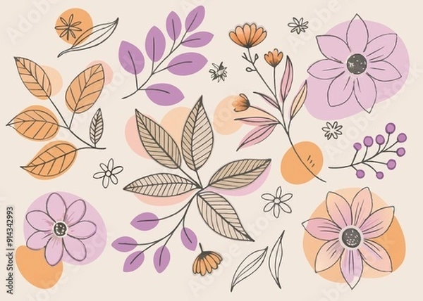 Fototapeta Colorful background of flowers and leaves. Floral summer pattern wallpaper background print design
