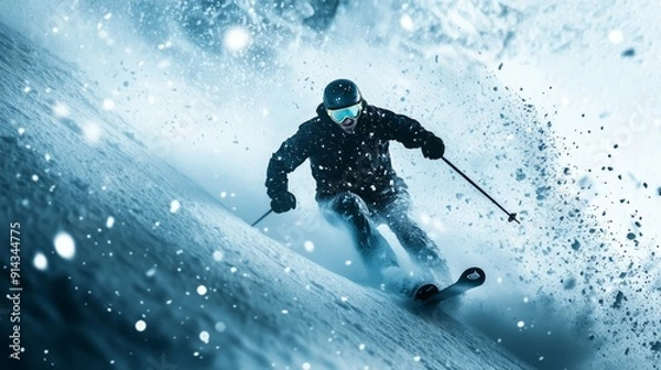Fototapeta Skier skiing on a snowy mountain slope during the day. The skier, dressed in athletic gear and a bright helmet.