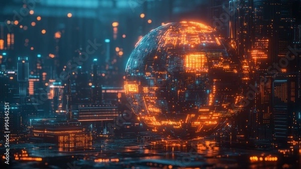 Obraz Digital Cityscape with a Glowing Sphere