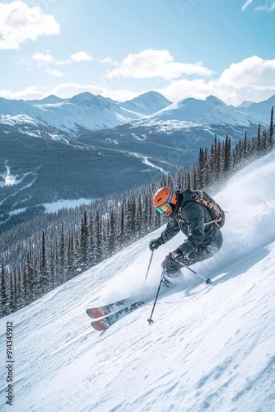 Fototapeta Skier skiing on a snowy mountain slope during the day. The skier, dressed in athletic gear and a bright helmet.