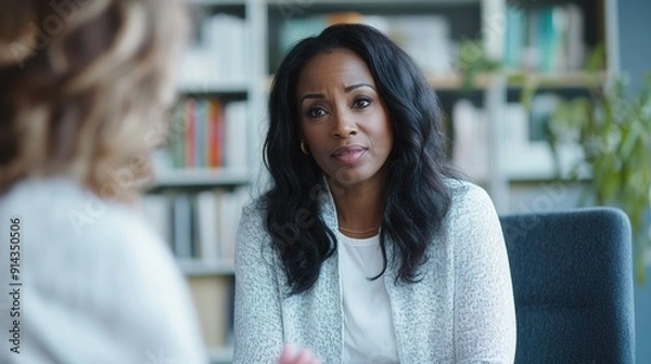 Fototapeta Black therapist in a serene office setting, using empathetic communication and active listening with clients