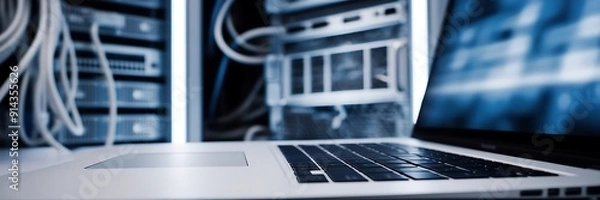 Obraz laptop on server room, upgrade technology or data storage solutions, Server room data center..