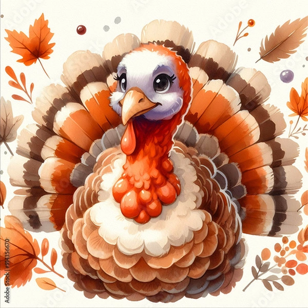 Fototapeta 
watercolor illustration of a turkey, featuring vibrant feathers and a whimsical design. Perfect for adding a touch of seasonal cheer to your projects. WatercolorTu illustration on textured paper.