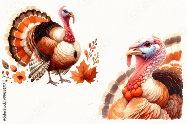 Fototapeta 
watercolor illustration of a turkey, featuring vibrant feathers and a whimsical design. Perfect for adding a touch of seasonal cheer to your projects. WatercolorTu illustration on textured paper.