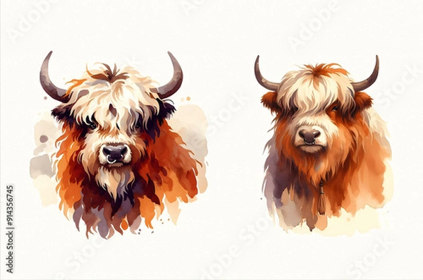 Fototapeta yak character in watercolor style, featuring vibrant colors and whimsical details. Watercolor illustration on textured paper.