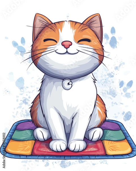 Fototapeta Smiling Cat Sitting on Colorful Mat, Cartoon Flat Vector Illustration