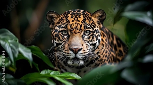 Fototapeta  A tight shot of a leopard's face amidst leaves and lush greenery, set against a backdrop of black