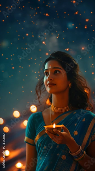 Fototapeta A beautiful Indian woman in a blue saree holds an oil lamp, with lights and candles glowing in the background. The night sky, filled with stars, adds a magical touch to the scene