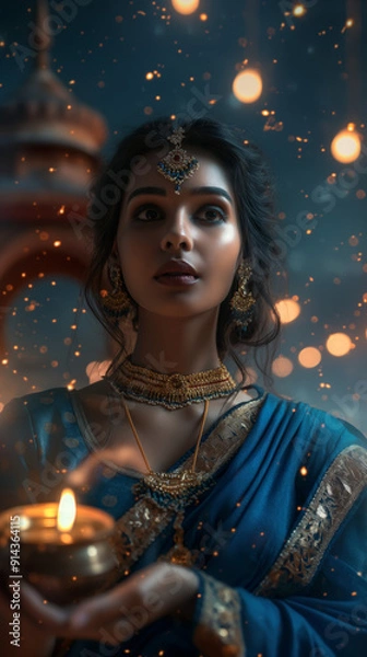 Fototapeta A beautiful Indian woman in a blue saree holds an oil lamp, with lights and candles glowing in the background. The night sky, filled with stars, adds a magical touch to the scene