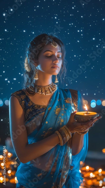 Fototapeta A beautiful Indian woman in a blue saree holds an oil lamp, with lights and candles glowing in the background. The night sky, filled with stars, adds a magical touch to the scene