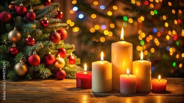 Fototapeta Christmas candles glowing with a festive Christmas tree in the background, Christmas, candles, holiday, celebration