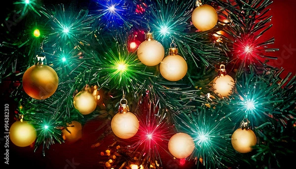 Fototapeta Beautiful glowing background with Christmas and New Year decorations and colorful balls. Christmas New Year fairytale mood. Christmas New Year winter home fairytale holiday.
