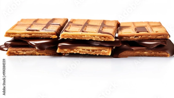 Fototapeta Crispy cookies with three delicious indulgent decadent layers of Chocolate on white background
