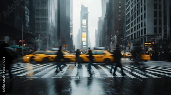 Obraz Bustling New York City Intersection with Diverse Crowd and Towering Skyscrapers in Moody Monochrome