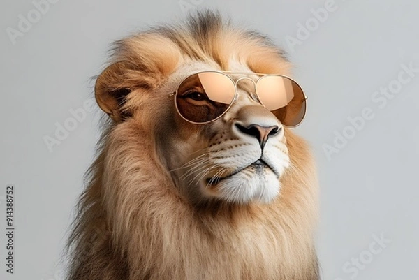 Obraz Majestic Lion in Aviator Sunglasses Striking Regal Pose Against Dramatic Backdrop