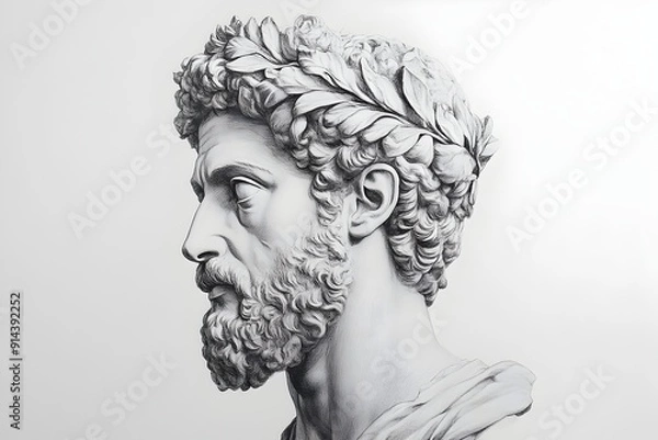 Obraz Marble Bust of Marcus Aurelius with Stoic Expression and Laurel Wreath on Clean White Background
