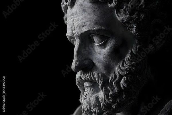 Obraz Epictetus Stone Carving - Serene Face with Blind Eyes and Philosopher's Robe on Pure Black Background
