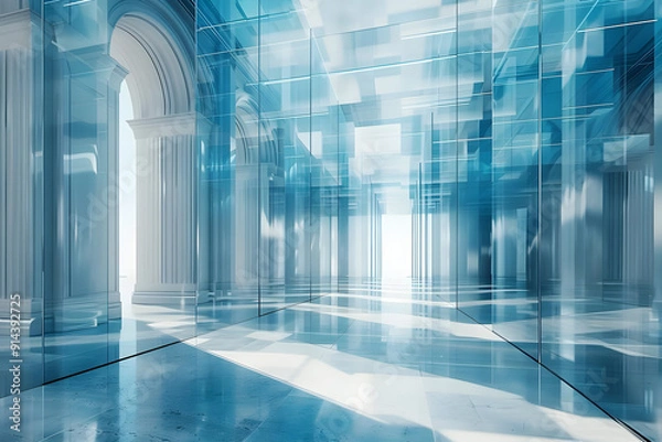 Fototapeta Modern glass architecture with columns and a bright interior.