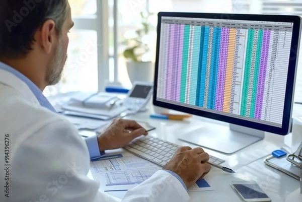 Fototapeta Hospital Doctor Using Spreadsheet For Billing Codes On Desktop