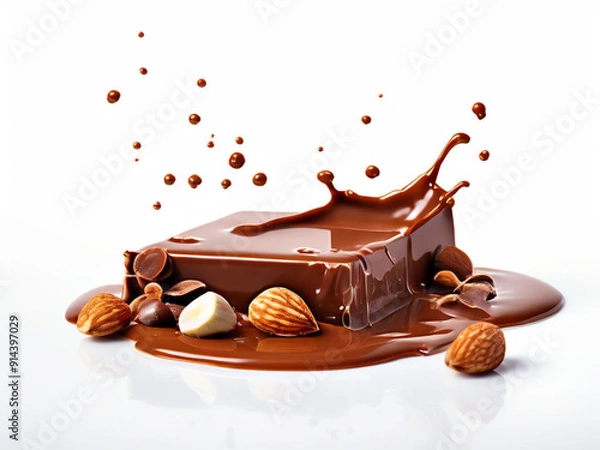 Fototapeta Splashing of square piece of hot melted milk chocolate