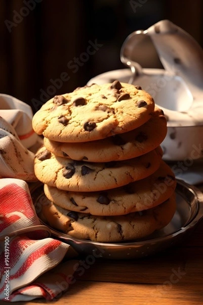 Fototapeta Chocolate chip cookies, stack of cookies