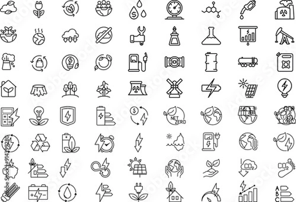 Fototapeta Net Zero and energy icons, related to green energy, sustainability, and energy efficiency, including items like solar panels, light bulbs, and batteries, in a minimal thin line vector illustration