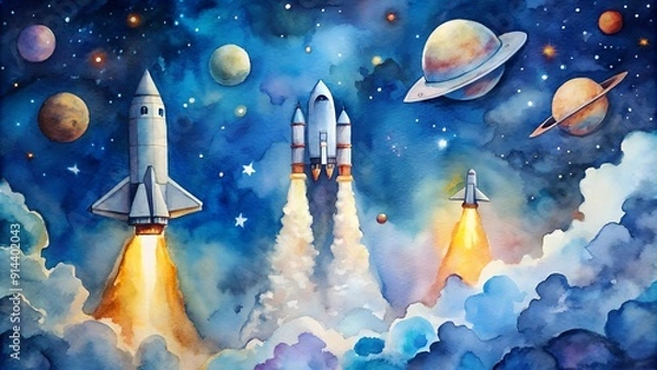 Fototapeta Whimsical Watercolor Space Shuttles Soaring Through a Starry Night  AI Generated