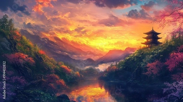 Obraz Japanese landscape, colorful sky