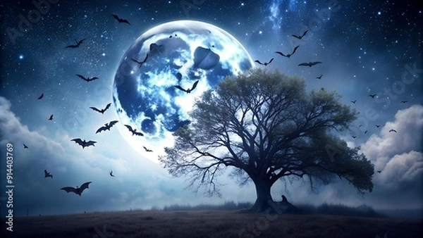 Fototapeta Ethereal Moonlight Bat Flight - A Glowing Full Moon Illuminates a Silhouetted Tree with Bats Swirling Around It  Generative AI