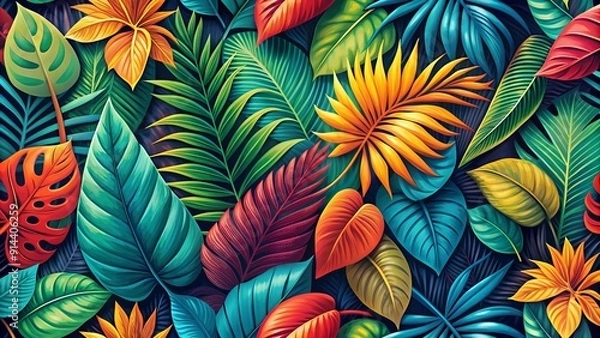 Fototapeta Vibrant Tropical Leaf Symphony: A Kaleidoscope of Color and Texture  generative AI