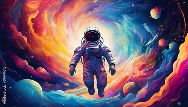 Fototapeta astronaut floating in a vortex of space clouds