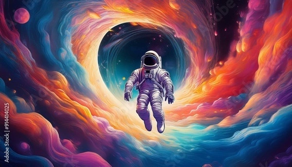 Fototapeta An astronaut floating in space with beautiful colorful space clouds behind