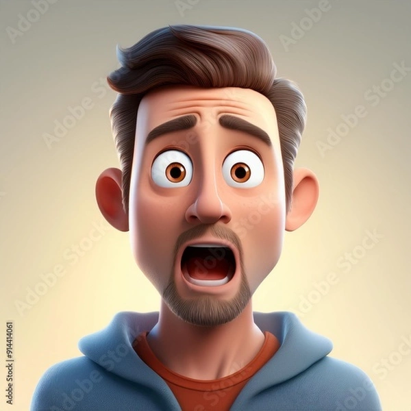 Fototapeta young male cartoon charactar with shocked, fear, amazed expression. Real feelings expression