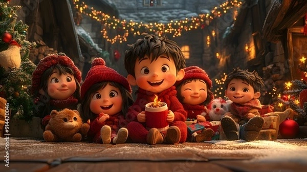 Fototapeta Cozy Christmas Eve gathering with animated characters sharing stories hot cocoa and festive decorations