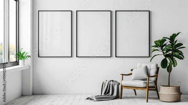 Fototapeta Mockup frames in living room interior with chair and decor, Scandinavian style.