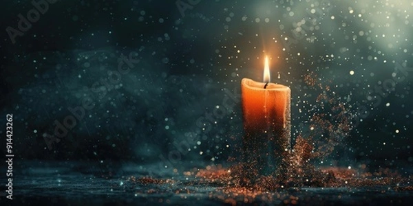 Fototapeta All Saints' Day. Burning candle on a dark background with smoke and bokeh.