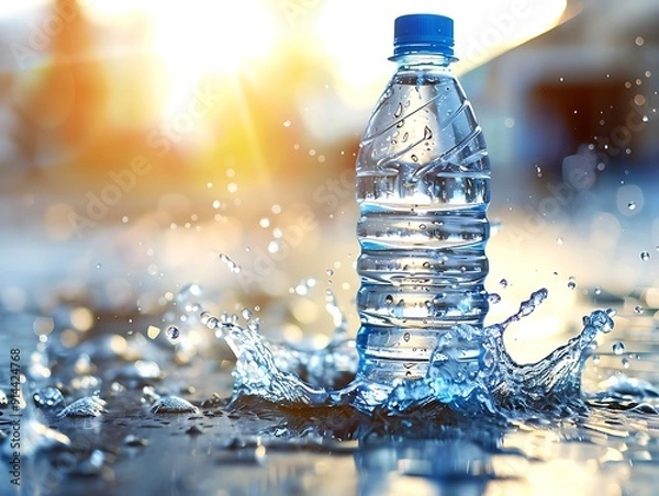 Fototapeta A plastic bottle in the middle and flying splashes and drops of water around a blue