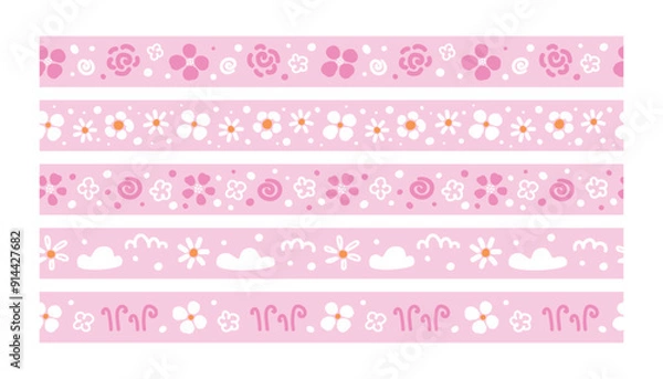 Fototapeta Vector seamless patterns set. Ribbons with flowers, clouds and plants in hand drawn style on pink background