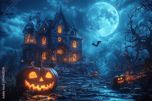 Fototapeta A spooky Halloween scene of a haunted house on a hill under a full moon, with glowing carved pumpkins on the porch. Bats' shadows cross the moonlit sky, and twisted, barren trees surround the house 