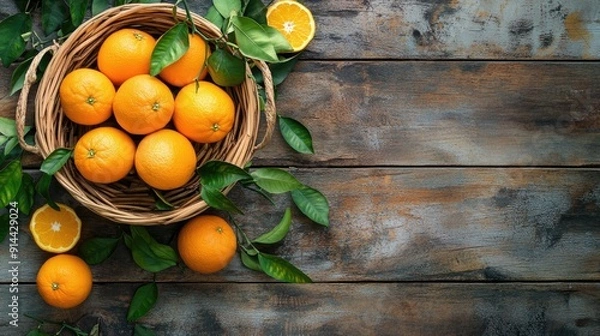 Fototapeta A basket of fresh oranges with leaves, placed on a rustic table, offering a vibrant and natural visual with plenty of room for text.