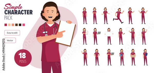 Fototapeta Simple flat female nurse woman vector character in a set of multiple poses. Easy to edit and isolated on a white background. Modern trendy style character mega pack with lots of poses.	