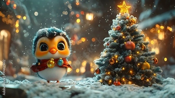 Fototapeta Whimsical Christmas tree decorating with animated characters adding ornaments and enjoying festive music