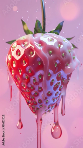Fototapeta rendering of strawberry with syrup on top oozing down in front of pink background 