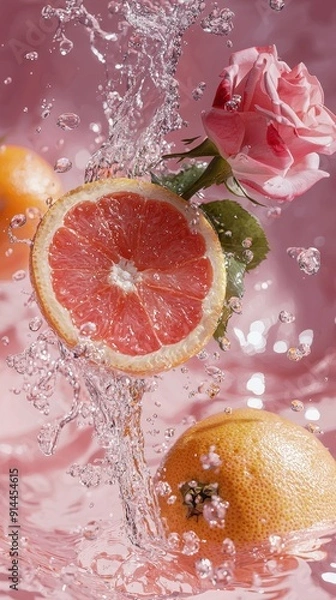 Fototapeta Vibrant Still Life: Grapefruit and Rose Cascade into Sparkling Water on Pink Background