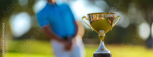 Fototapeta Modern shiny gold trophy cup, golf course and player blurred in background.
