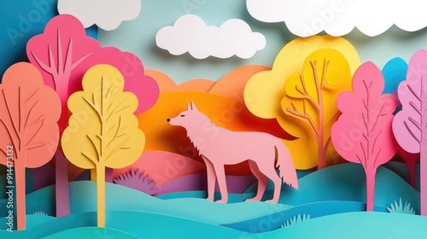 Fototapeta paper cut style illustration wolf colorful 3d filed green hills whimsical clouds