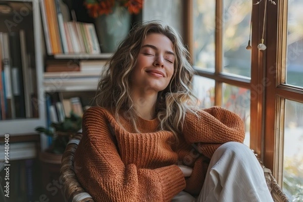 Fototapeta a happy woman sitting in her home office, relaxing with her eyes closed and smiling while doing yoga stretching on a chair near the window, wearing an orange sweater and white pants. Books are nearby