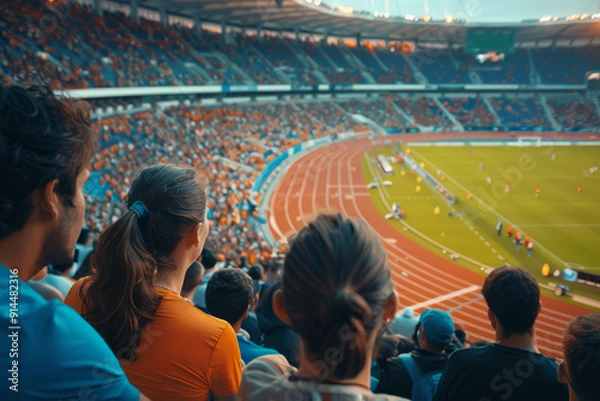 Fototapeta A woman and a man are watching a sports game in a stadium