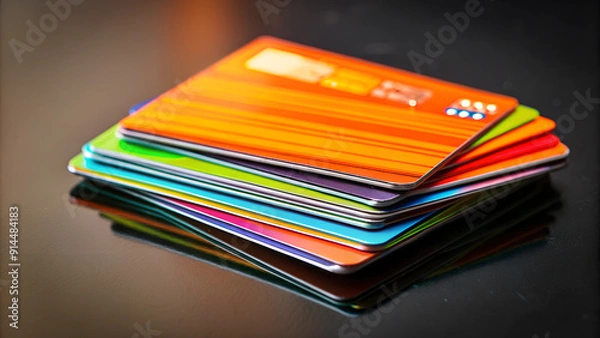Fototapeta A pile of colorful credit cards fanned out, showcasing diverse financial options. Abstract background.