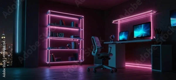 Obraz Future Robotic gamer room with colorful RGB lights